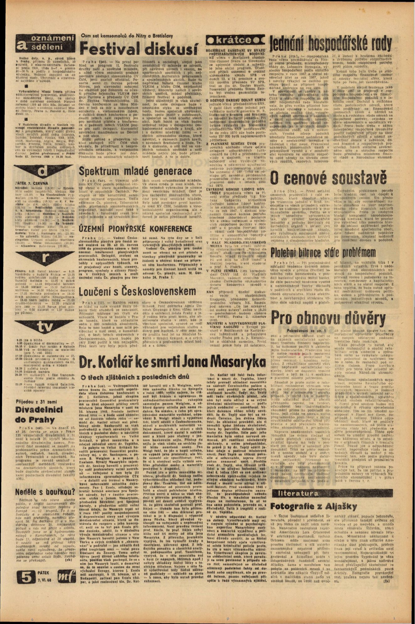 A page of Mladá fronta of Friday 7 June 1968 with the headline Dr. Kotlář ke smrti Jana Masaryka, Dr Kotlář on the death of Jan Masaryk, and the standfirst O třech zjištěních z posledních dnů, on three findings of the last few days