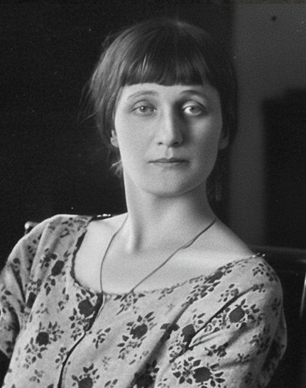 Anna Akhmatova photographed in 1924, head and shoulders, her hair drawn back, looking to one side