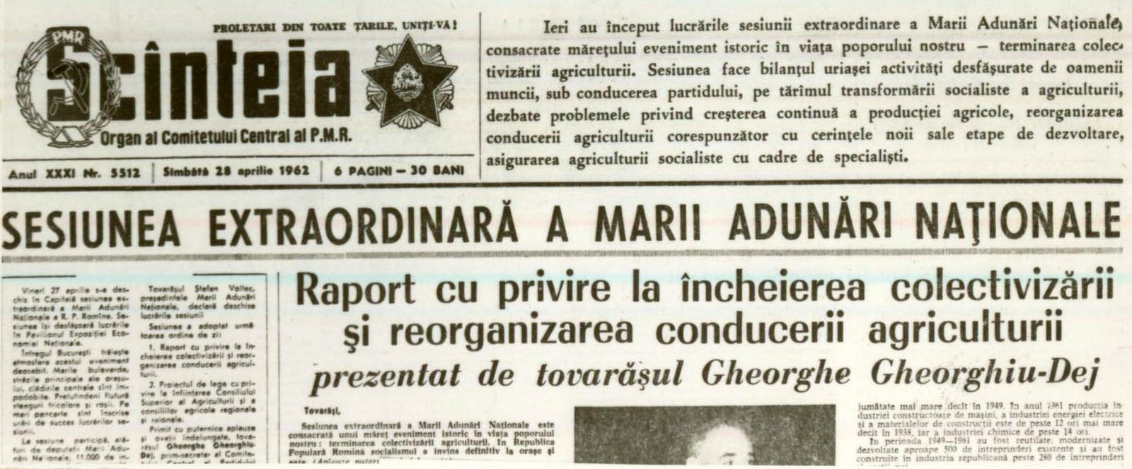 The front page of Scînteia, the daily of the Romanian Communist Party, of 28 April 1962