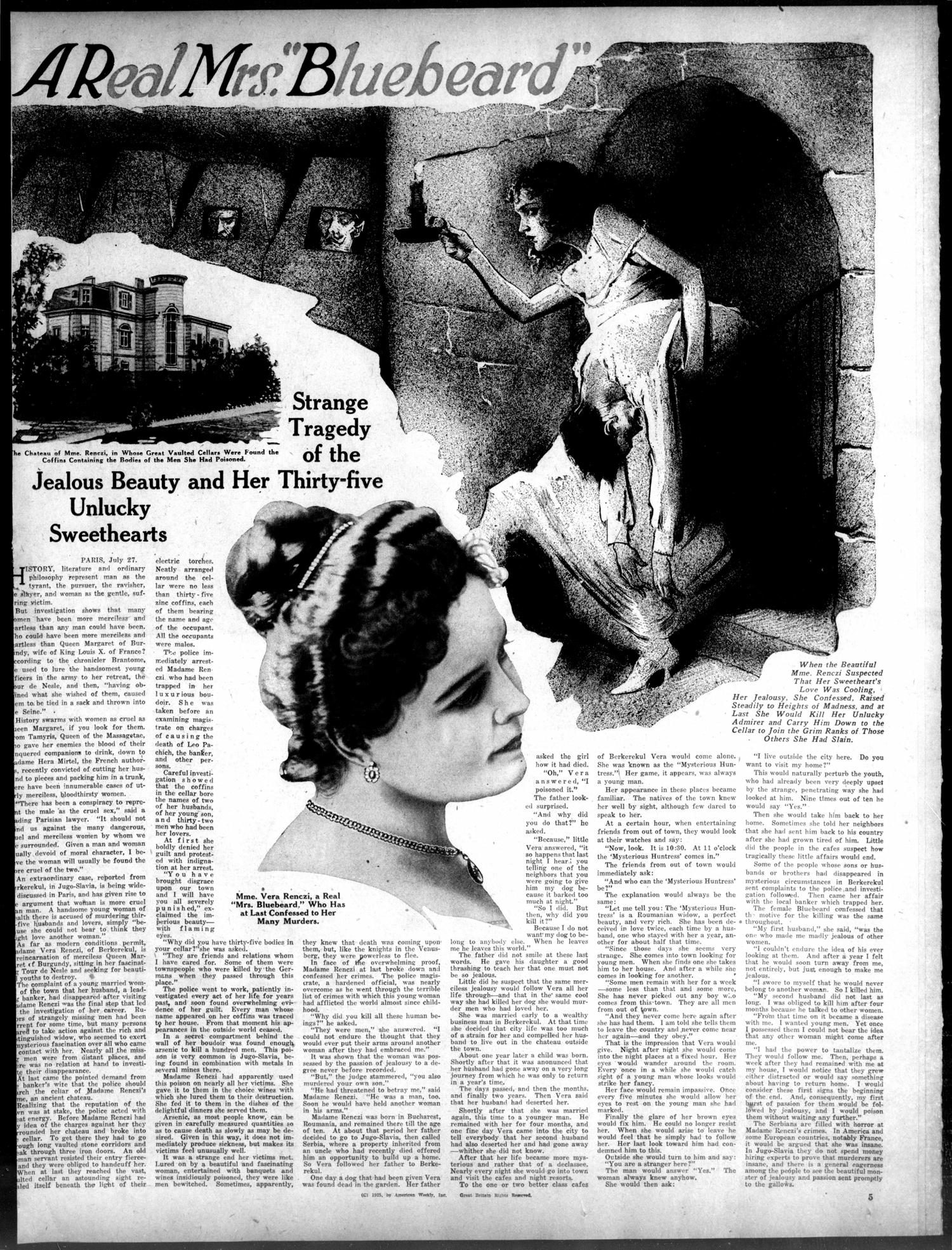 A full magazine page headed A Real Mrs. Bluebeard: an engraving of a country house captioned as the chateau of Mme. Renczi in whose great vaulted cellars the coffins were found, a drawing of a woman carrying a candle into a vaulted cellar, and a halftone photograph of a young woman captioned Mme. Vera Renczi, a Real Mrs. Bluebeard, Who Has at Last Confessed to Her Many Murders