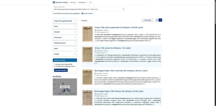 A screen of the Arcanum newspaper archive: a full text search for the Hungarian words for Beckerek and poisoner between 1920 and 1935, the counter reading 76 hits, the first results from Hirlap of Subotica in 1926 and Bacsmegyei Naplo of November 1925 and February 1928, each naming Relics Julka