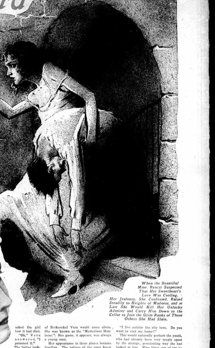 A drawing of a woman in a long gown holding a lighted candle at the mouth of a vaulted stone cellar, small framed portraits set into the wall behind her