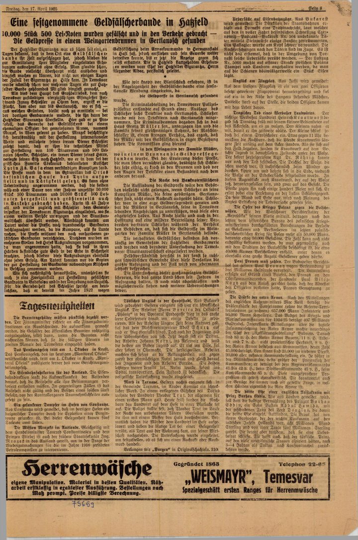 A page of the Banater Deutsche Zeitung of 17 April 1925, the German language paper of the Romanian Banat