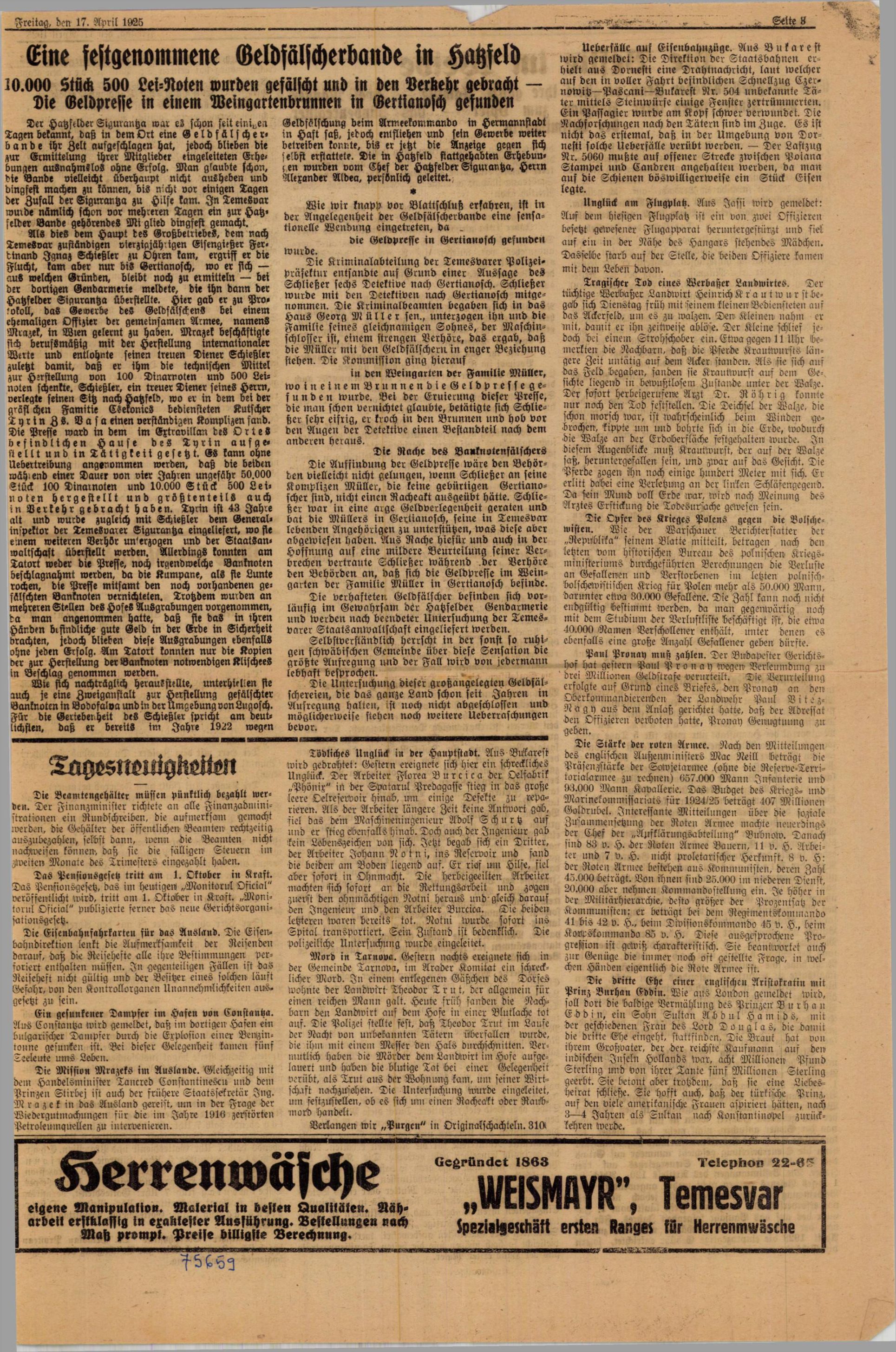 A page of the Banater Deutsche Zeitung of 17 April 1925, the German language paper of the Romanian Banat