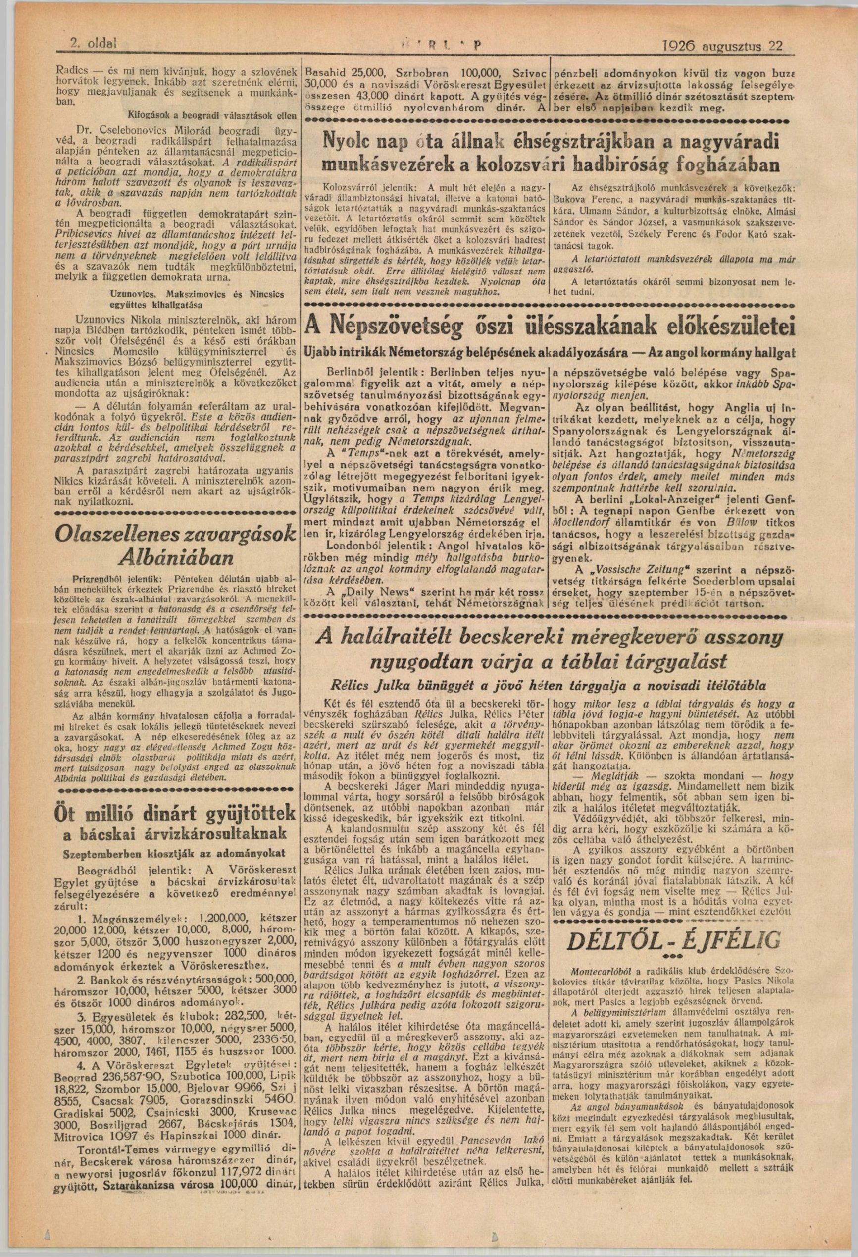 A page of the Subotica daily Hirlap of 1926 carrying the story of the guard at the Beckerek jail