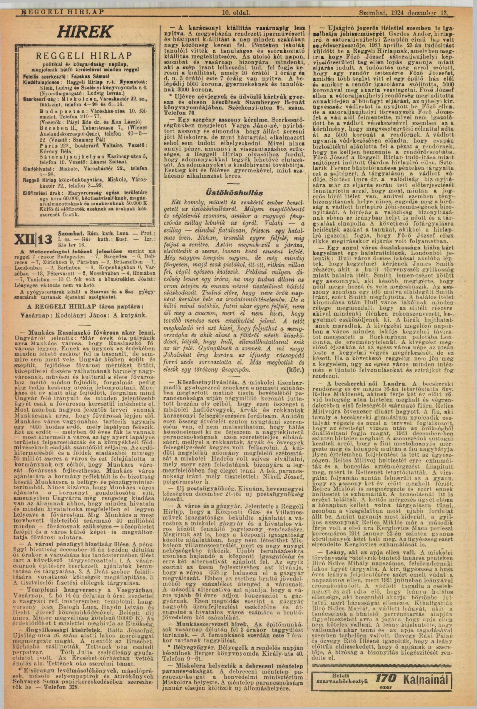 Page ten of the Miskolc daily Reggeli Hirlap of Saturday 13 December 1924, a news page whose right hand column carries a short item headed A becskereki női Landru
