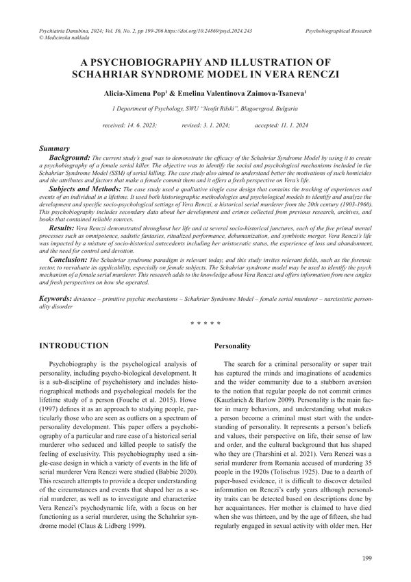 The first page of a 2024 article in the journal Psychiatria Danubina