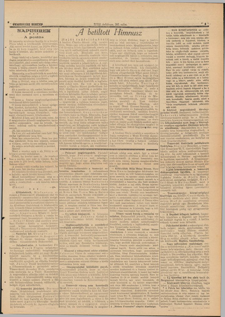 A page of the Hungarian language daily Temesvari Hirlap of 16 December 1924, printed in Temesvar in Romania