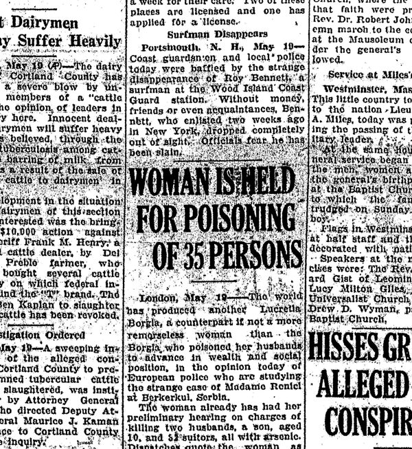 A newspaper column headed WOMAN IS HELD FOR POISONING OF 35 PERSONS, datelined London, May 19, opening on the world having produced another Lucretia Borgia and naming Madame Renici at Berkerkul, Serbia