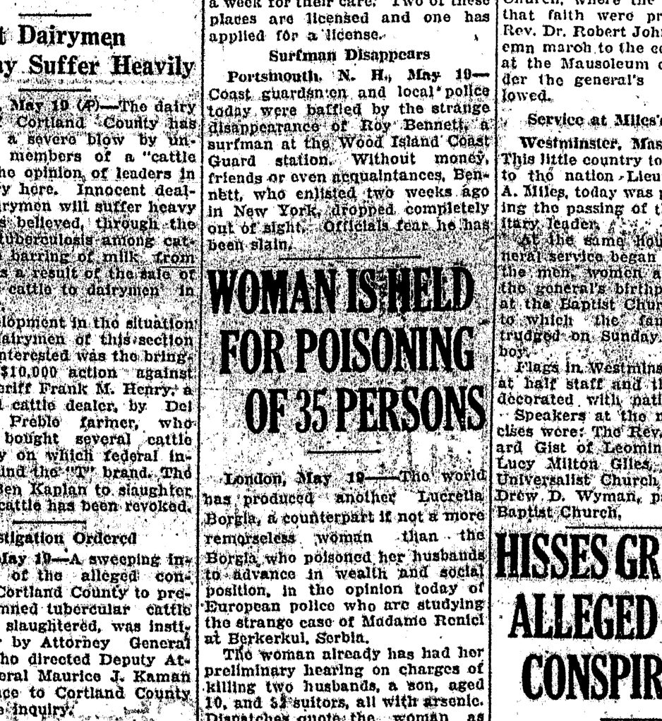 A newspaper column headed WOMAN IS HELD FOR POISONING OF 35 PERSONS, datelined London, May 19, opening on the world having produced another Lucretia Borgia and naming Madame Renici at Berkerkul, Serbia