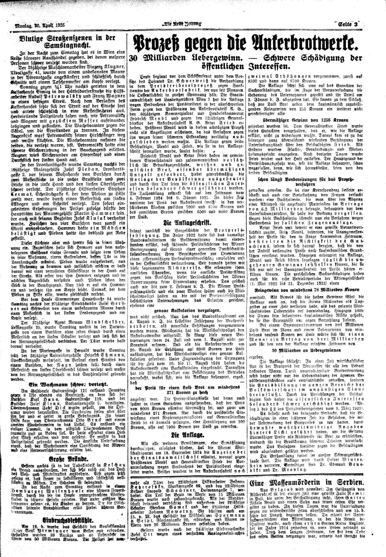 A page of the Vienna paper Die Neue Zeitung of 20 April 1925, set in German