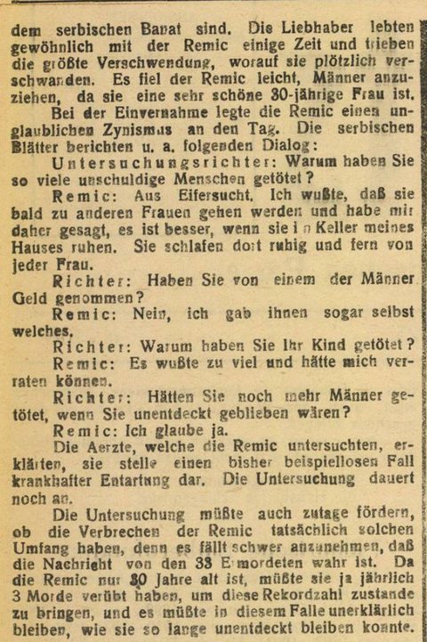 A German language newspaper column printing an interrogation dialogue between an investigating judge and the Remic, question and answer, and closing with the editors' own arithmetic: since the Remic is only thirty years old she would have had to commit three murders a year
