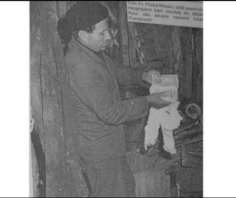 A newspaper reproduction of a case study plate: Florea Rîmaru, in a cap and heavy overcoat, standing in a cellar and holding banknotes and a cloth bundle; the printed Romanian caption begins Foto 21, Florea Rîmaru, and names him as the father of the killer