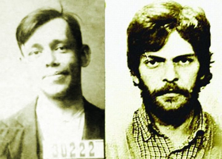 Two police photographs side by side: on the left the young Eftimie Cozmici with the numbered board 30222, on the right his son Romca Cozmici, bearded, in a checked shirt