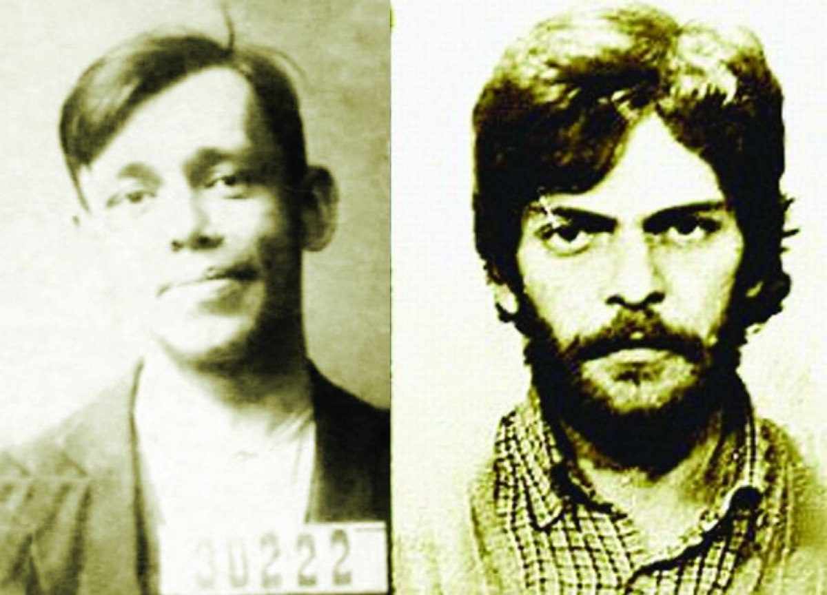 Two police photographs side by side: on the left the young Eftimie Cozmici with the numbered board 30222, on the right his son Romca Cozmici, bearded, in a checked shirt