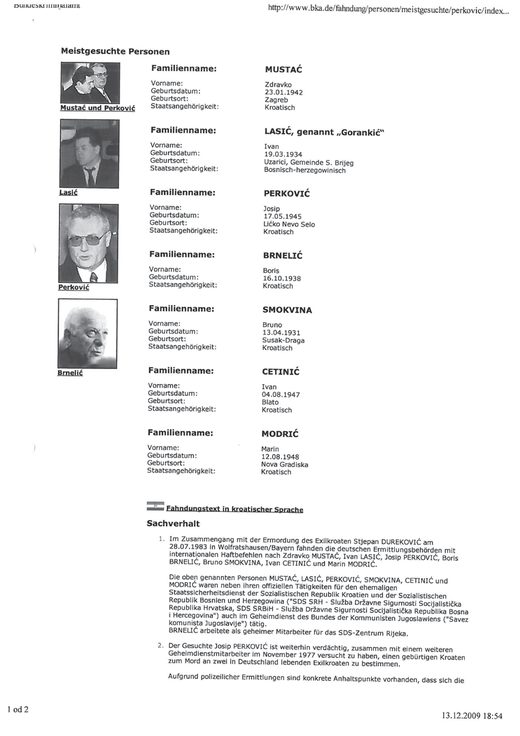 A printout of a German federal police web page headed Meistgesuchte Personen, listing seven men surnamed Mustac, Lasic, Perkovic, Brnelic, Smokvina, Cetinic and Modric, with dates and places of birth and four photographs down the left side, above a German account of the 1983 murder of Stjepan Djurekovic