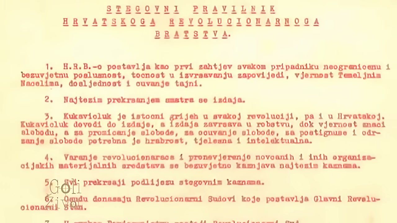 A typewritten page in Croatian headed Stegovni pravilnik Hrvatskoga revolucionarnoga bratstva, the disciplinary rulebook of the Croatian Revolutionary Brotherhood, its numbered articles demanding obedience and the keeping of secrets and naming betrayal as the gravest breach