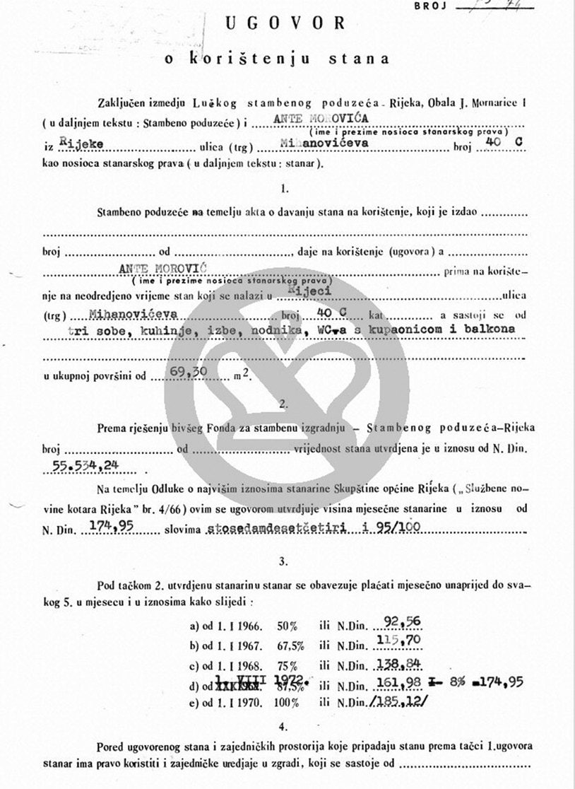 A printed Croatian tenancy contract headed Ugovor o koristenju stana, filled in by typewriter between the port housing enterprise of Rijeka and Ante Morovic, of Mihanoviceva 40 C, for a flat of three rooms, kitchen, pantry, hall, lavatory with bathroom and balcony, 69.30 square metres