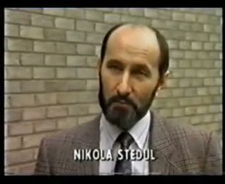 A television frame of Nikola Stedul being interviewed in front of a brick wall, with the caption Nikola Stedul across the lower part of the picture