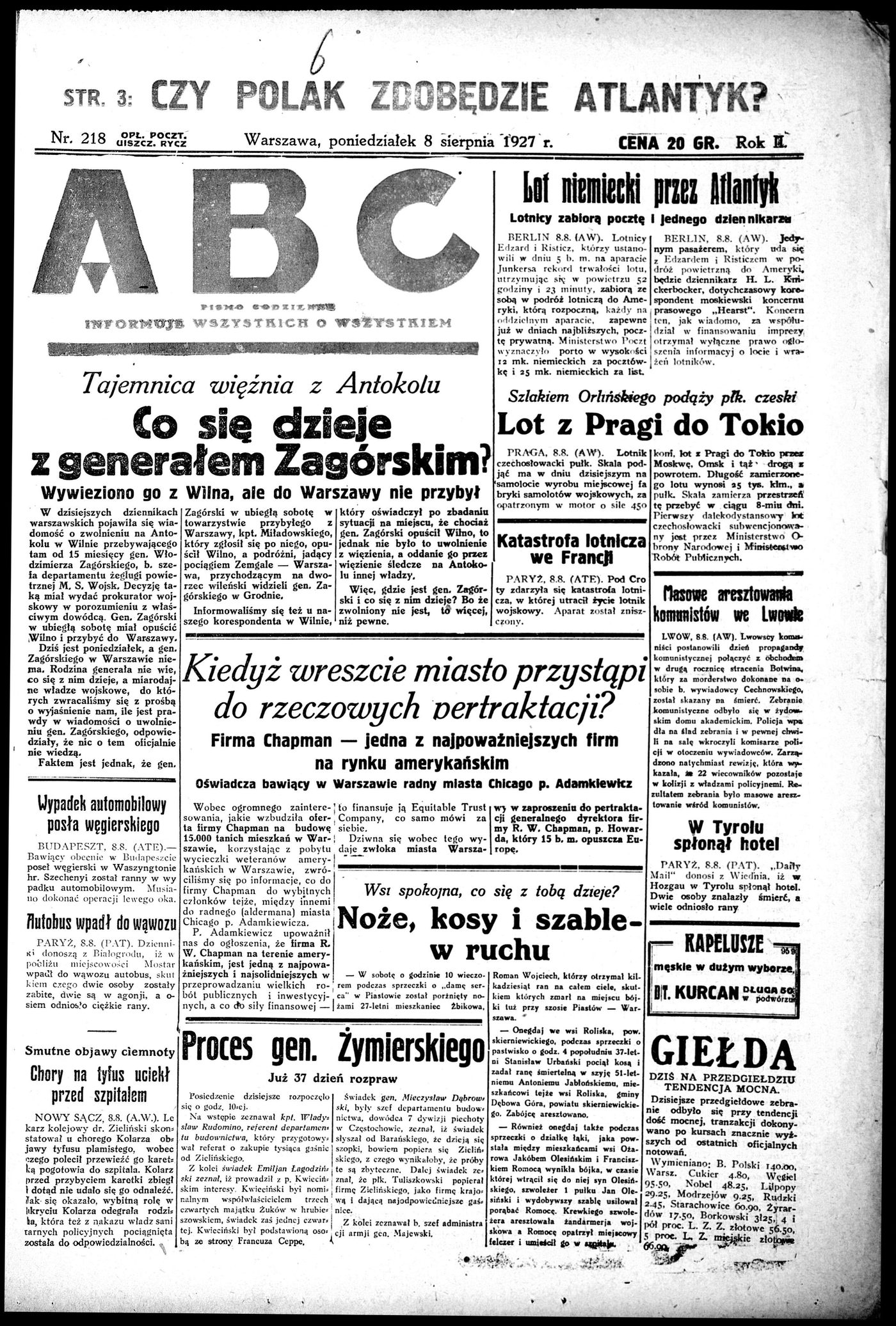 The front page of the Warsaw daily ABC of 8 August 1927, headed What is happening with General Zagorski