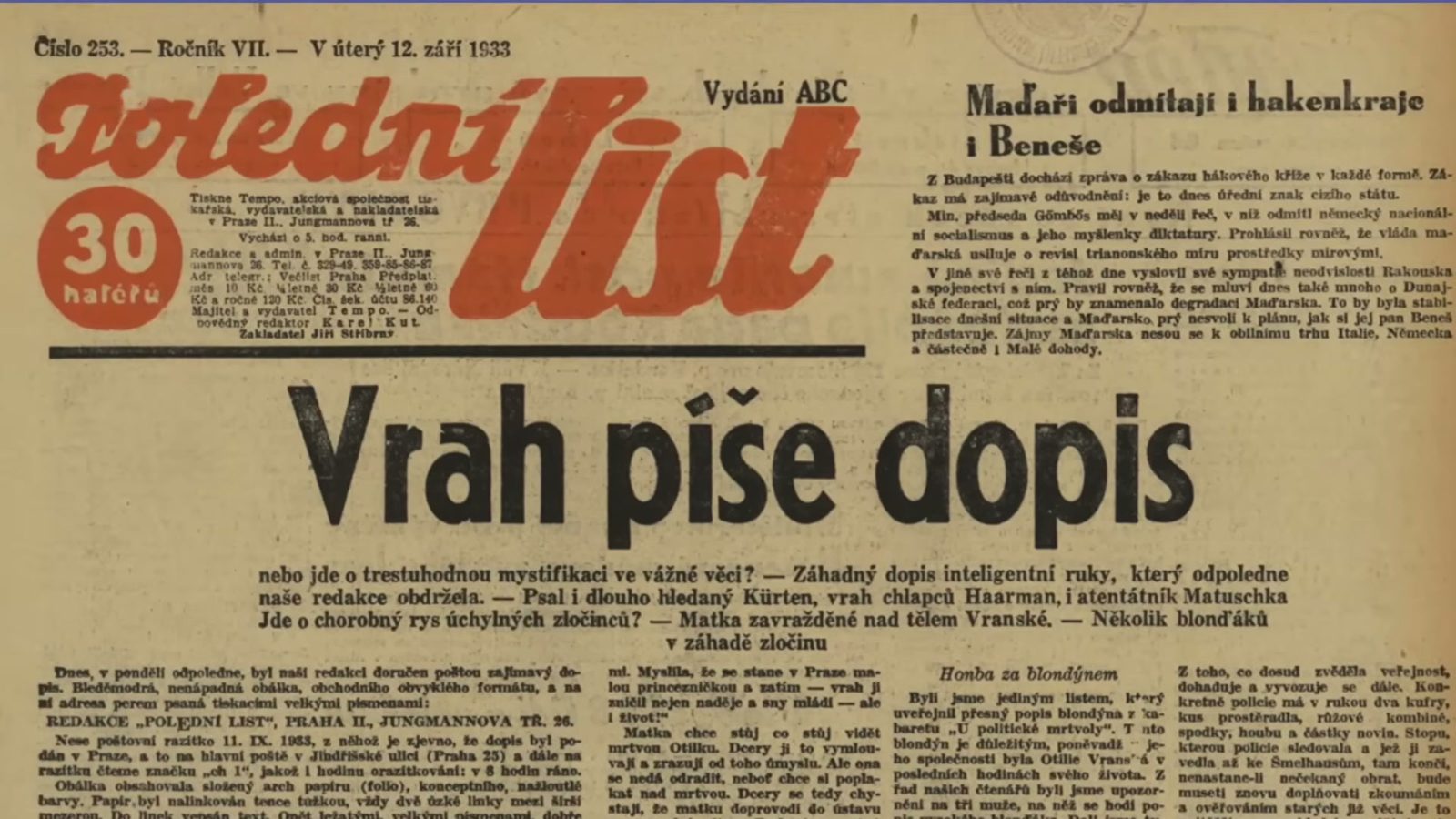 The front page of Polední list for Tuesday 12 September 1933, its masthead in red and the banner headline reading Vrah píše dopis, the murderer writes a letter