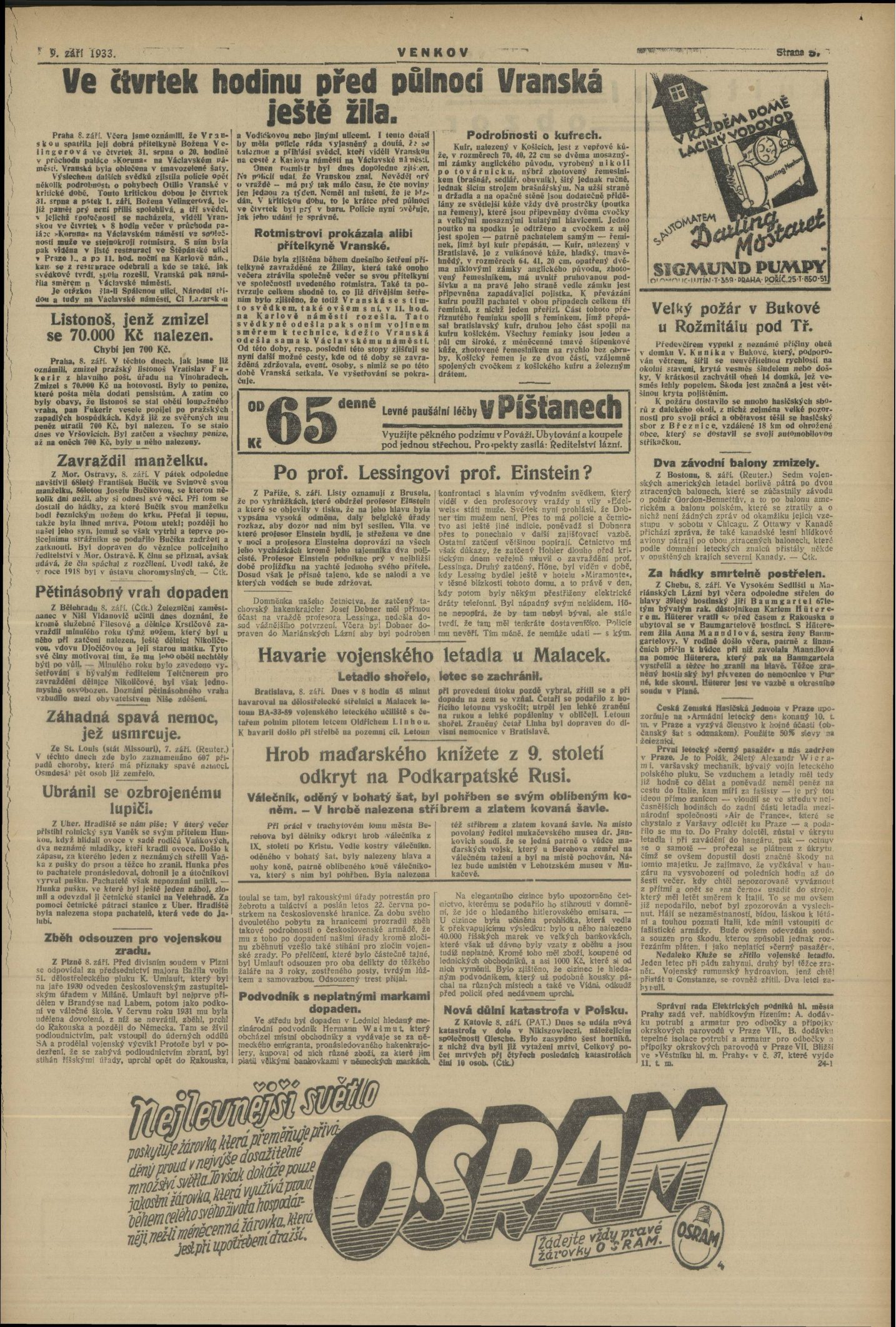 A full newspaper page of Venkov for 9 September 1933, its lead headline reporting that Vranská was still alive an hour before midnight on the Thursday