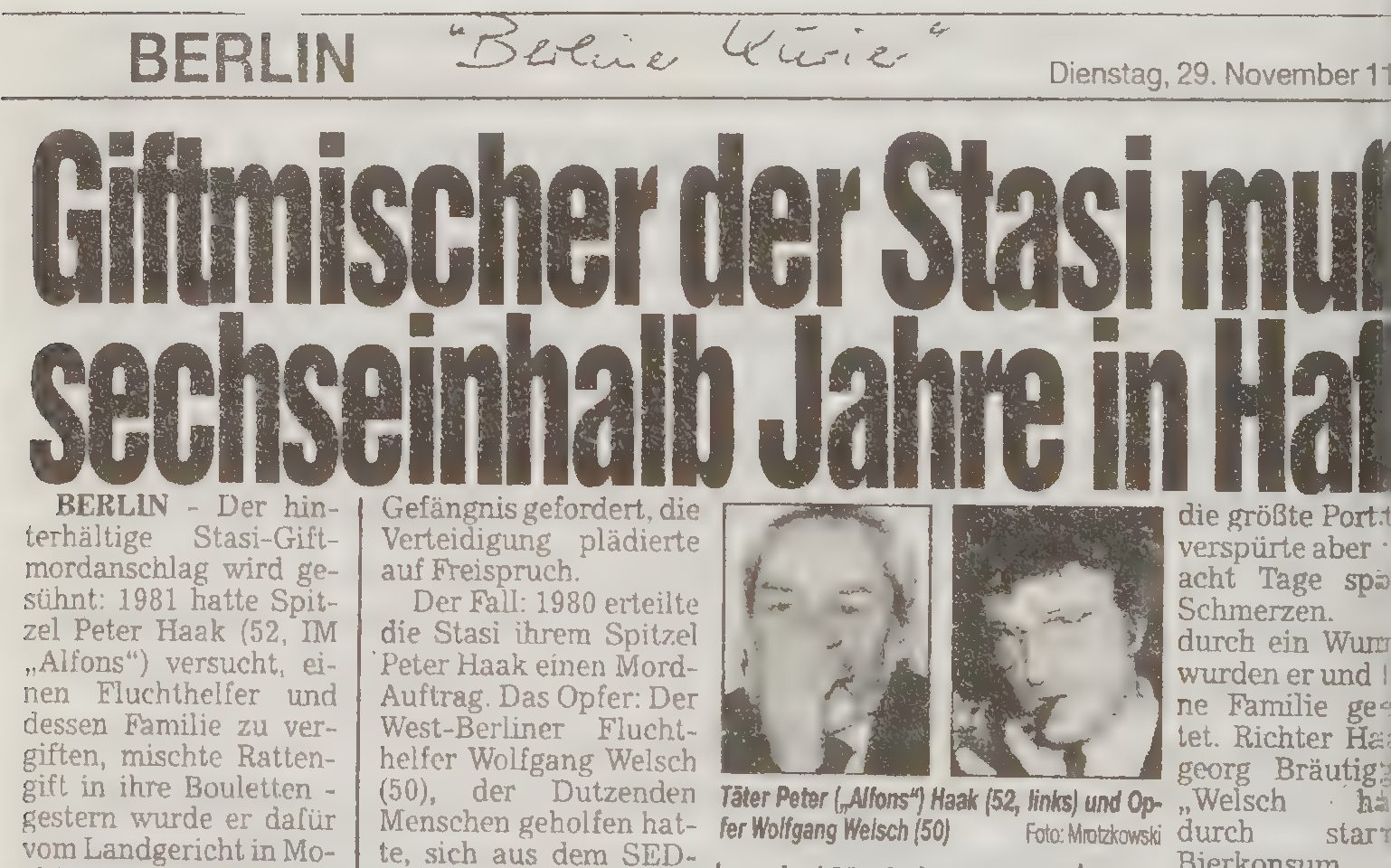 A Berlin newspaper headline, Giftmischer der Stasi muss sechseinhalb Jahre in Haft, over two small portraits, one blurred