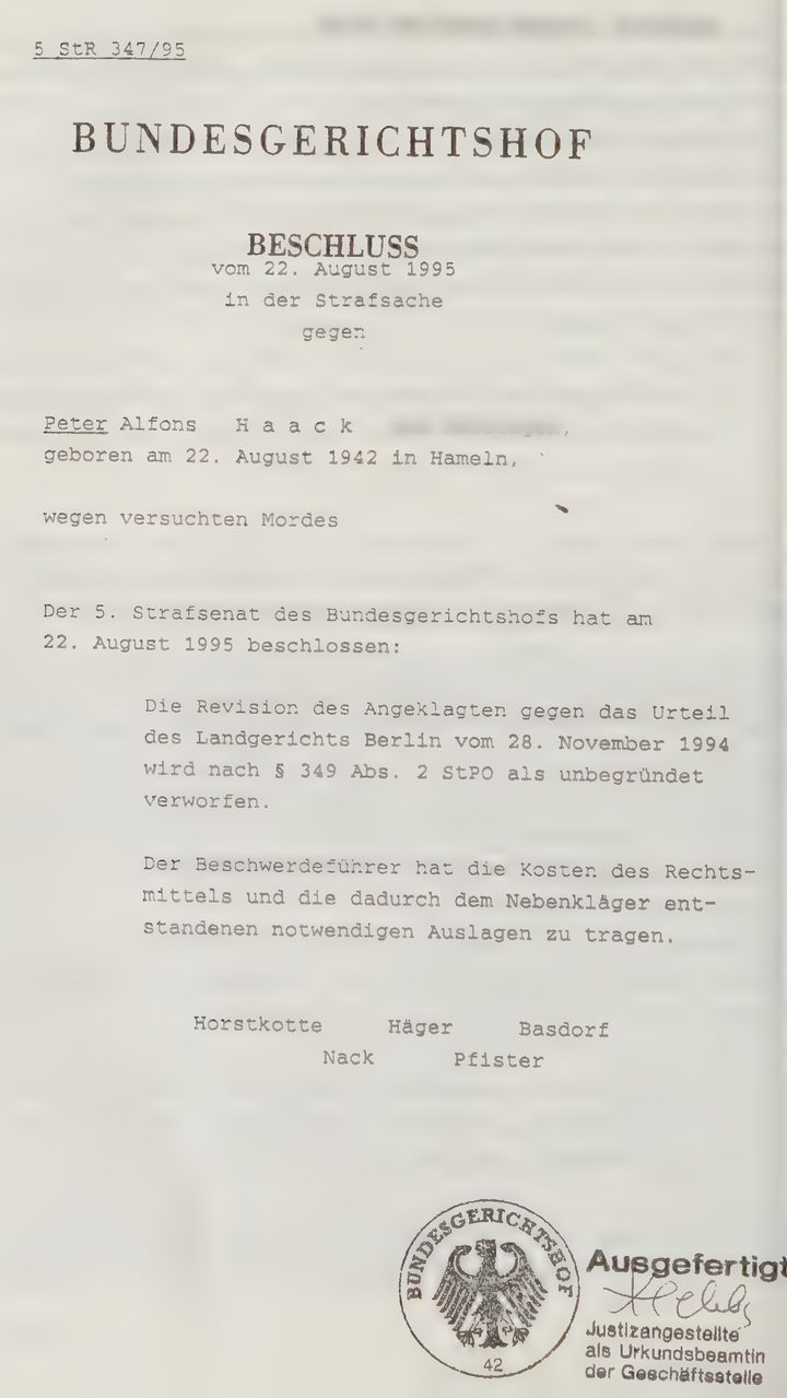 The first page of a typed decision headed Bundesgerichtshof, Beschluss
