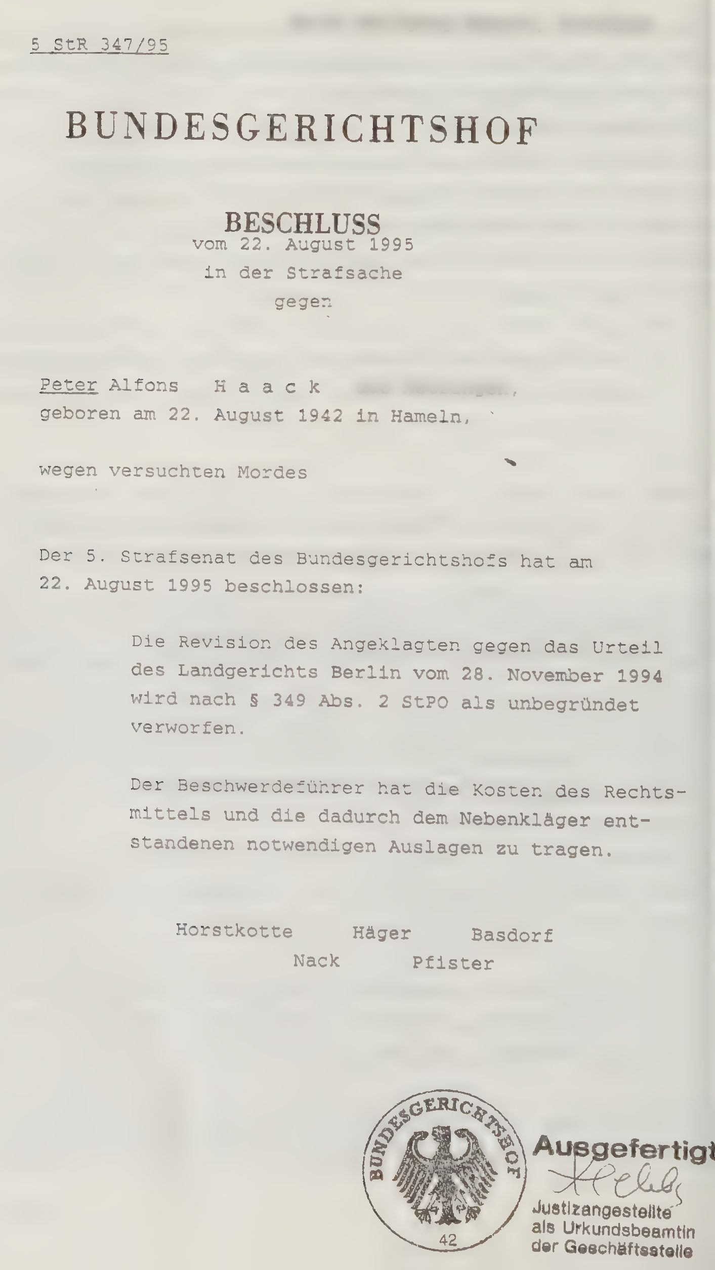 The first page of a typed decision headed Bundesgerichtshof, Beschluss