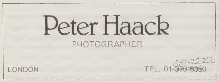 A business card reading Peter Haack, Photographer, London, with a telephone number corrected by hand