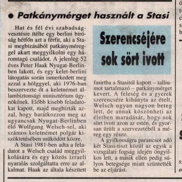 A Hungarian newspaper item headed Patkánymérget használt a Stasi