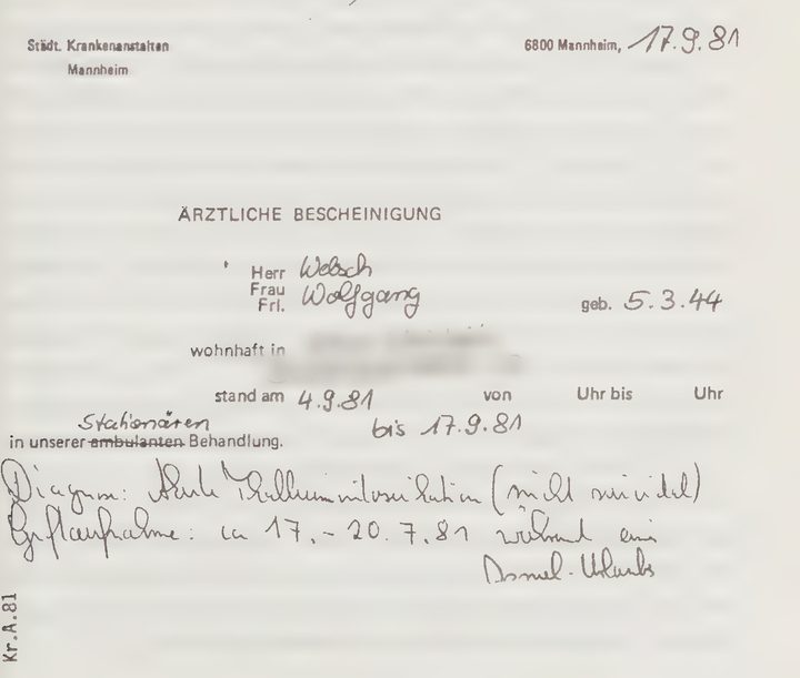 A typed German medical certificate headed Ärztliche Bescheinigung, dated 17.9.81