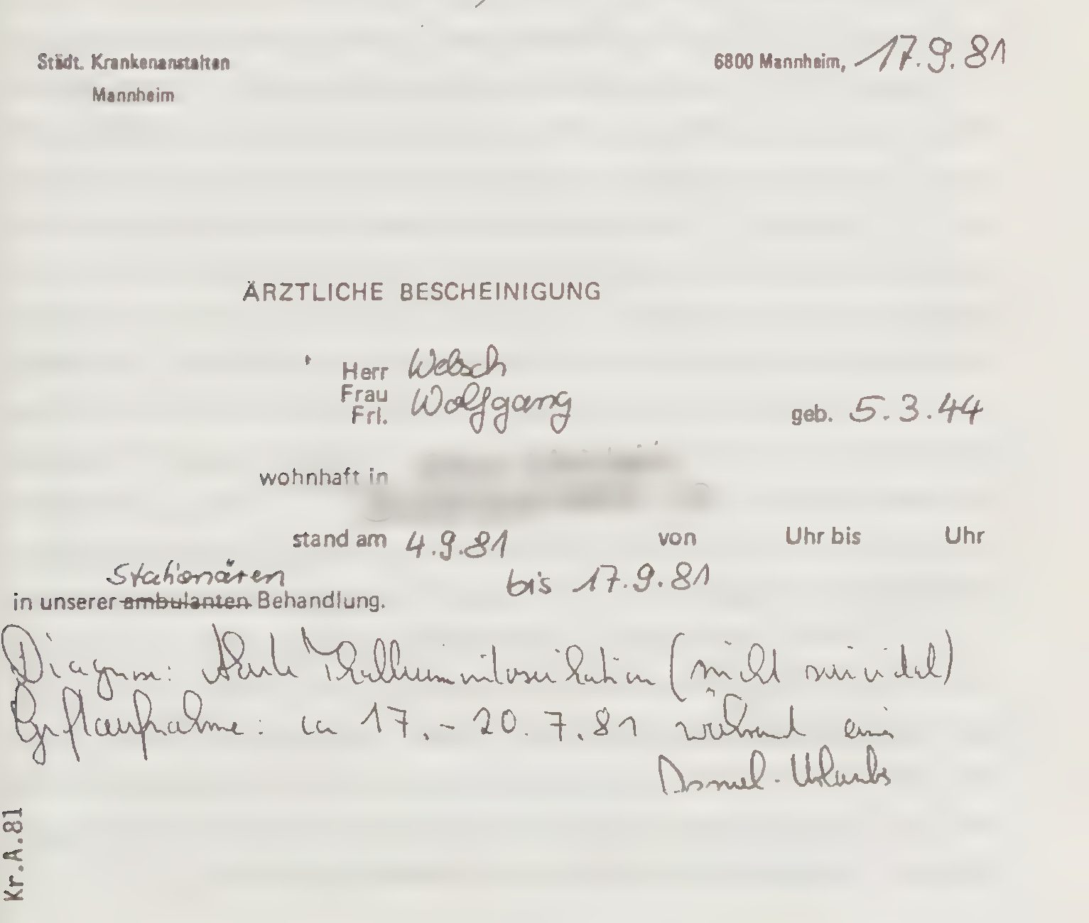 A typed German medical certificate headed Ärztliche Bescheinigung, dated 17.9.81