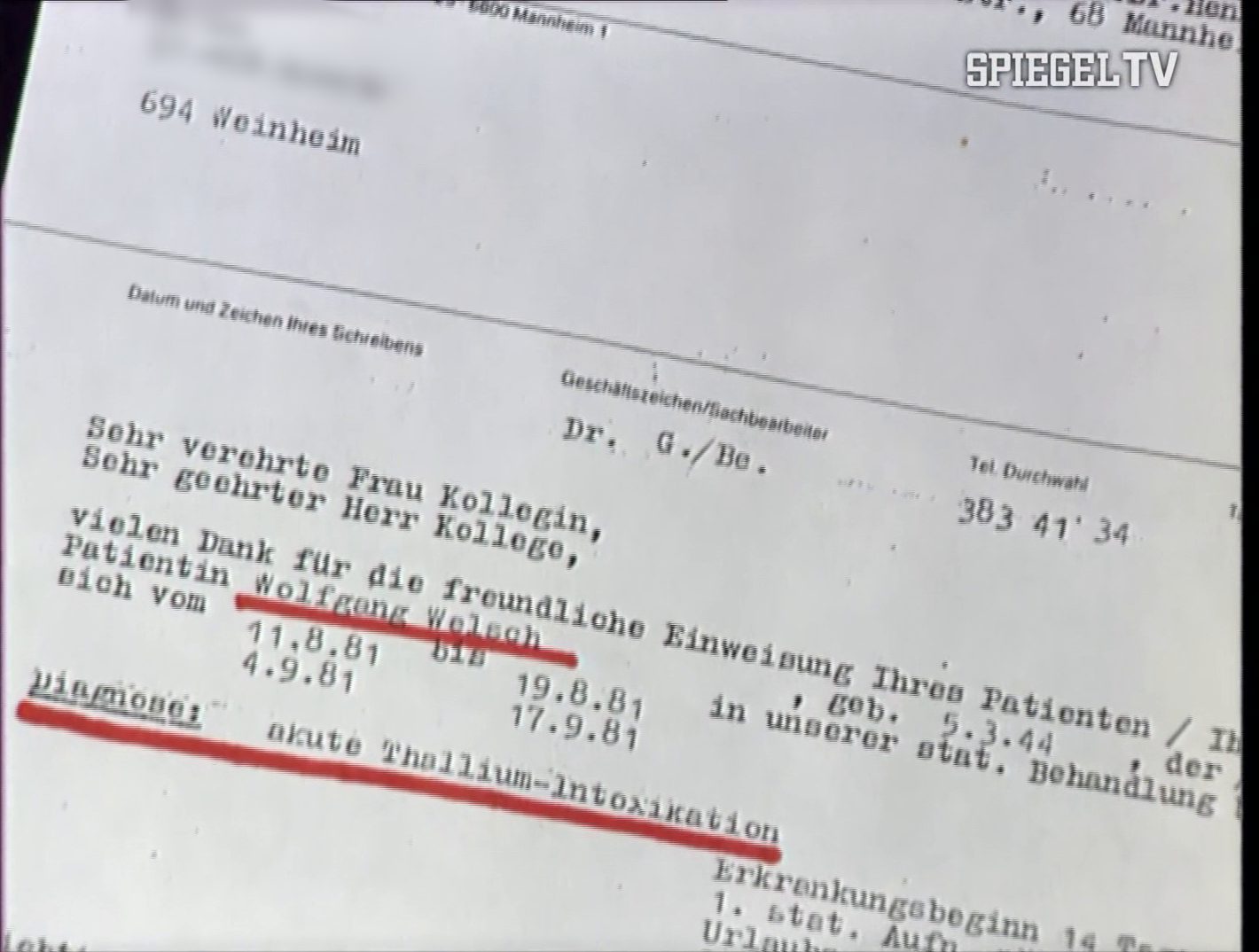 A typed hospital letter of the Klinikum der Stadt Mannheim, a doctor's name blurred