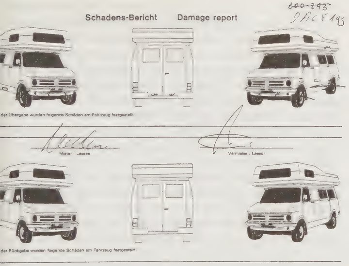 A printed rental form headed Damage report with outline drawings of a motorhome from four sides
