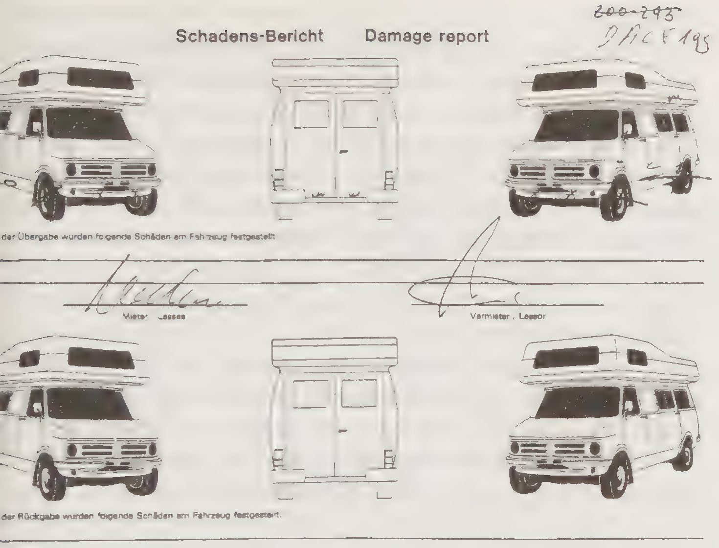 A printed rental form headed Damage report with outline drawings of a motorhome from four sides