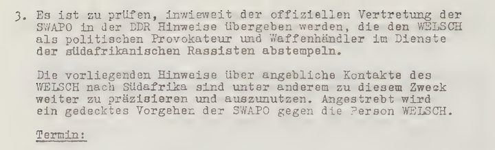A typed German paragraph about SWAPO and the person Welsch, ending with the word Termin