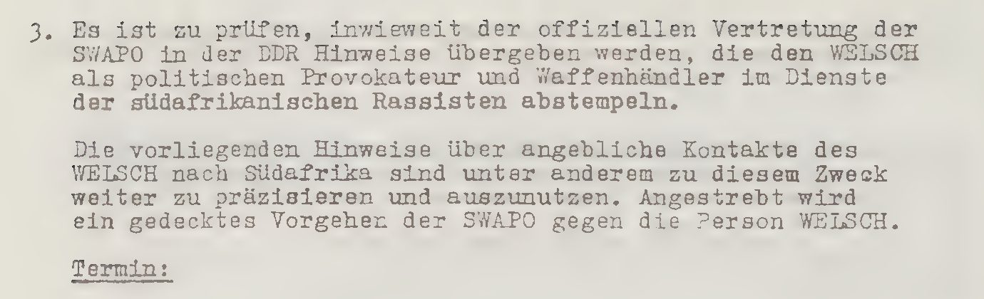 A typed German paragraph about SWAPO and the person Welsch, ending with the word Termin