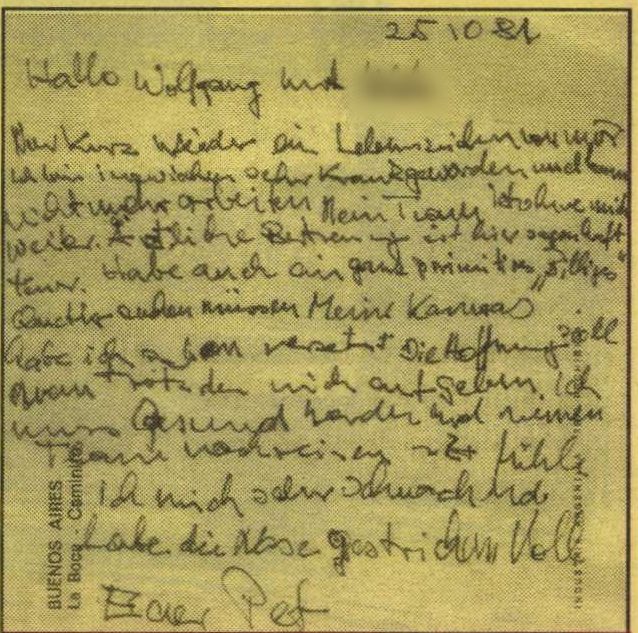 A handwritten postcard in German, dated 25.10.81, with a first name blurred, printed as a newspaper photograph