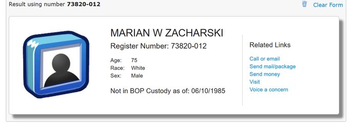 A result card from the Federal Bureau of Prisons inmate locator: Marian W Zacharski, register number 73820-012, not in BOP custody as of 06/10/1985, beside the site's generic placeholder avatar