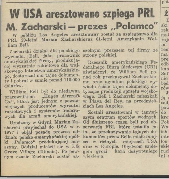 A newspaper report in Polish headed W USA aresztowano szpiega PRL and M. Zacharski, prezes Polamco, in two columns