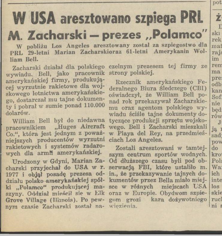 A newspaper report in Polish headed W USA aresztowano szpiega PRL and M. Zacharski, prezes Polamco, in two columns