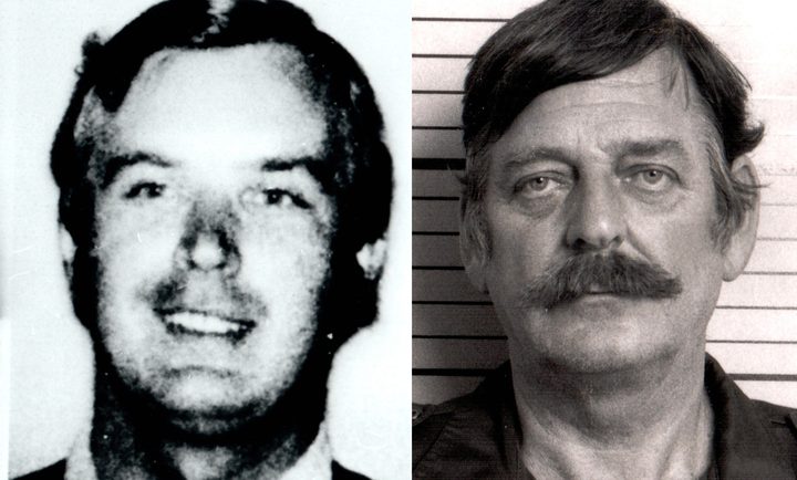 Two black and white head and shoulders photographs side by side: on the left Marian Zacharski, a young dark haired man in a jacket and tie, smiling, in a grainy print; on the right William Holden Bell, a man of about sixty with a heavy moustache, in a booking photograph against a ruled height chart