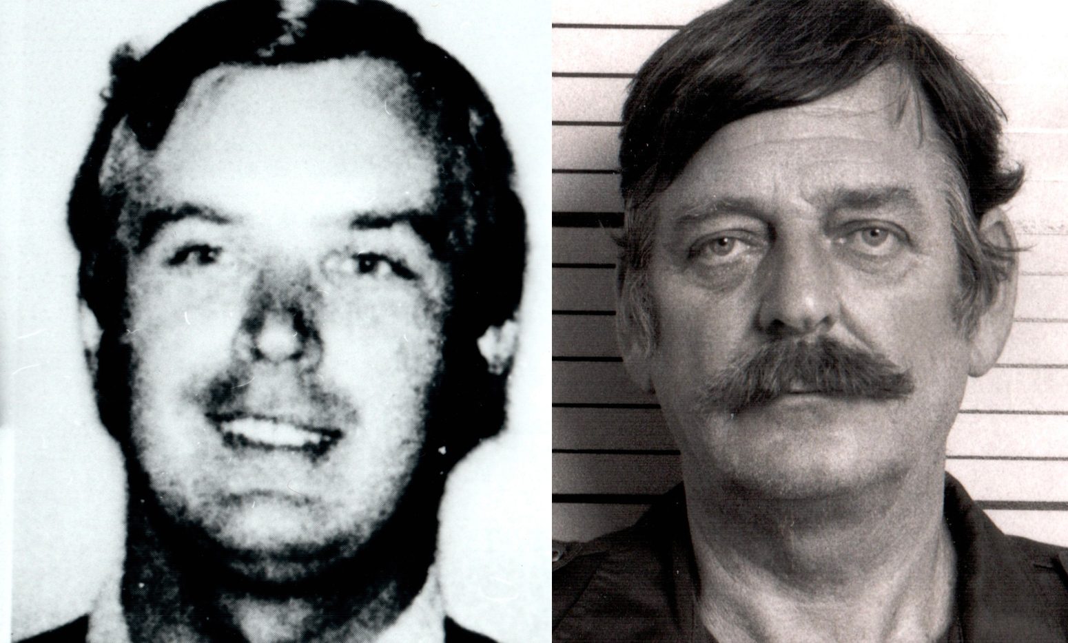 Two black and white head and shoulders photographs side by side: on the left Marian Zacharski, a young dark haired man in a jacket and tie, smiling, in a grainy print; on the right William Holden Bell, a man of about sixty with a heavy moustache, in a booking photograph against a ruled height chart