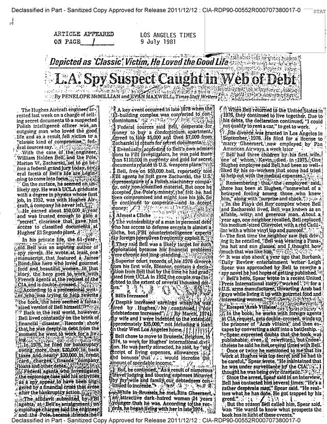A CIA reading room clipping sheet of the Los Angeles Times of 9 July 1981, headlined L.A. Spy Suspect Caught in Web of Debt under the kicker Depicted as Classic Victim, He Loved the Good Life, three columns of text