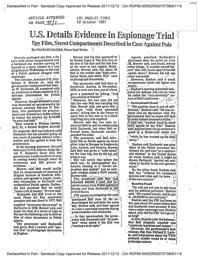 A CIA reading room clipping sheet of the Los Angeles Times of 22 October 1981, headlined U.S. Details Evidence in Espionage Trial, Spy Film, Secret Compartments Described in Case Against Pole