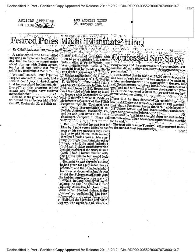 A CIA reading room clipping sheet of the Los Angeles Times of 24 October 1981, the headline Feared Poles Might Eliminate Him, Confessed Spy Says split across the columns
