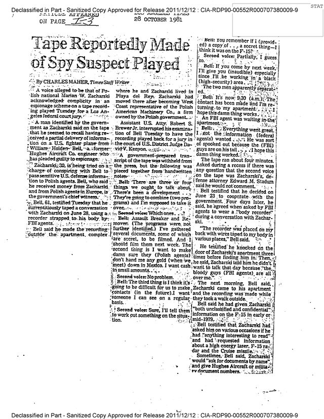 A CIA reading room clipping sheet headlined Tape Reportedly Made of Spy Suspect Played, the paper's name faint under the release line, with the tape transcript printed in the right hand column