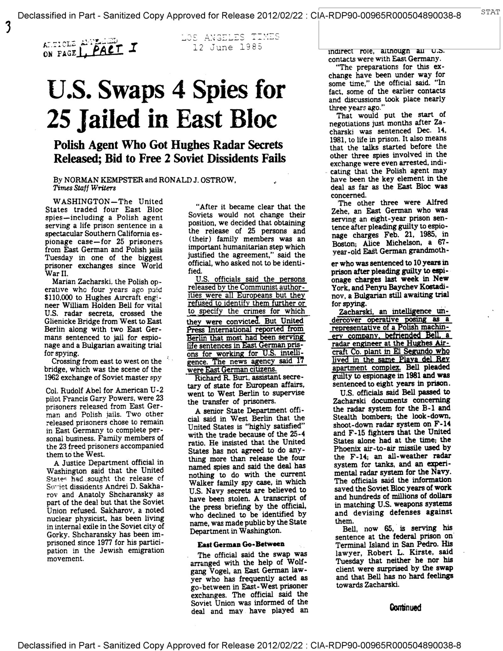 A CIA reading room clipping sheet of the Los Angeles Times front page of 12 June 1985, headlined U.S. Swaps 4 Spies for 25 Jailed in East Bloc, Polish Agent Who Got Hughes Radar Secrets Released; Bid to Free 2 Soviet Dissidents Fails, several passages underlined by hand