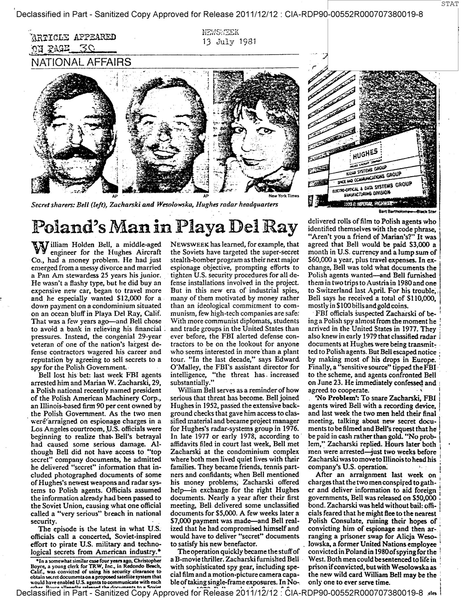 A CIA reading room clipping sheet of Newsweek's National Affairs page of 13 July 1981: three small head and shoulders photographs, two men and a woman, a photograph of the Hughes radar headquarters sign on Imperial Highway, and the headline Poland's Man in Playa Del Ray